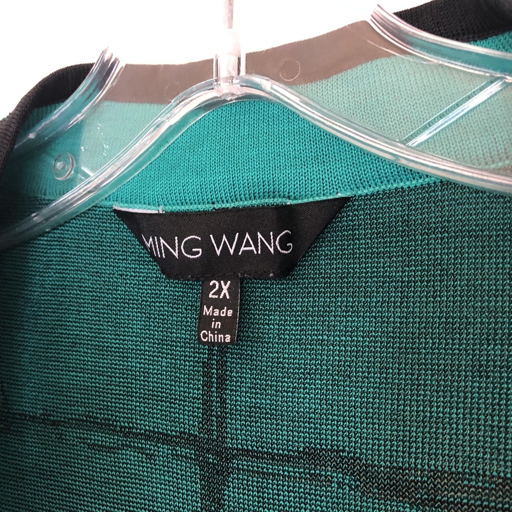 Ming Wang Cardigan Sweater Womens 2X Green Black Grid Check Knit Open Front - Picture 6 of 12